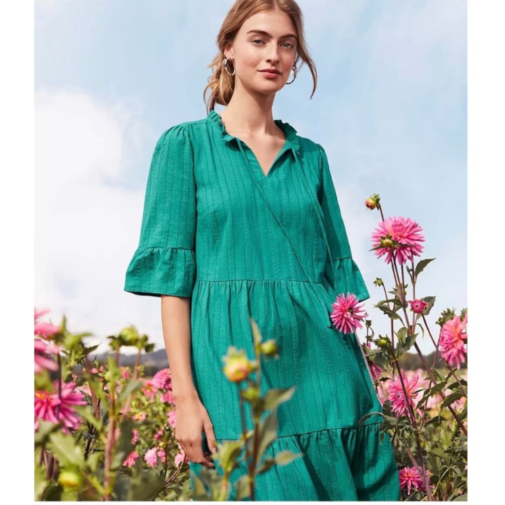 LOFT Ruffle Tie Neck Tiered Swing Dress Size XS Teal